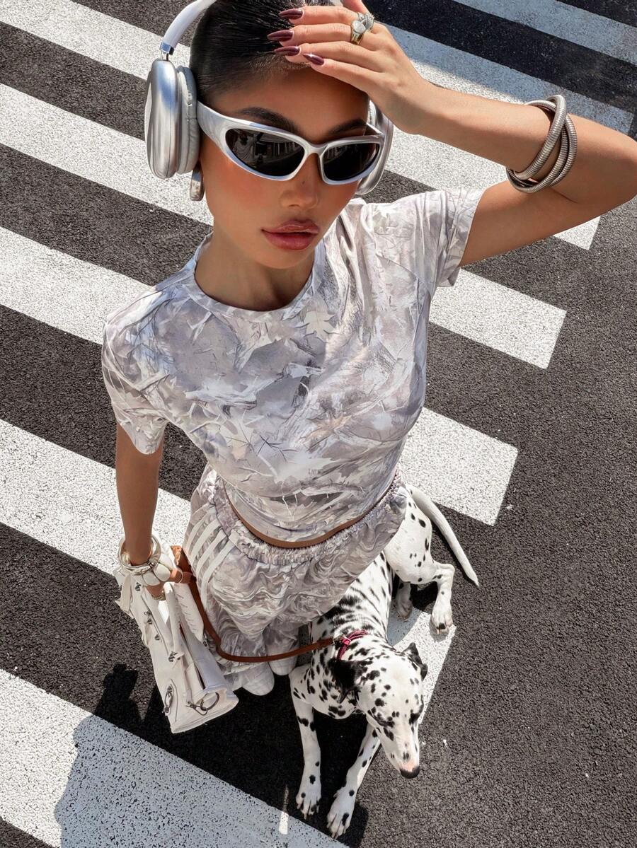 Muchica 2PCS Summer Holiday Outfits Camouflage Leaf Print T-Shirt And Camouflage Leaf Print Trousers Casual Women's Wear Set - Multicolor - View 1