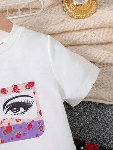 两件套女童白色圆领印花短袖上衣搭配黑色碎花蛋糕裙套装，春秋季 - 白色 - 查看 4