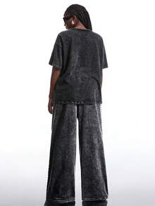 LYSMO 大码女式休闲时尚街头风铆钉装饰水洗宽松T恤和阔腿裤套装，适合春、夏、秋季穿着，曲线裤装两件套，女士两件套服装，女士家居服套装 - 黑色 - 查看 2