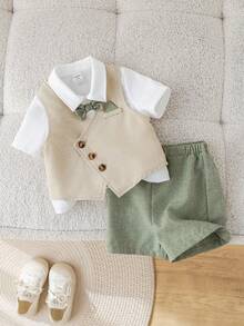 SHEIN 3pcs Set Includes White Shirt, Vest, Elastic Waist Shorts, Bow Tie, Short Sleeve Shirt Outfit, Suitable For Birthday Party, Rave, Evening Party, Performance, Wedding, Baby Shower, Christening, 1st Birthday Celebration, Wedding Guest, Baby Boy - Multicolor - View 6