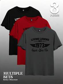 Manfinity Homme Men's Letter Print Round Neck Short Sleeve Casual Slim Fit T-Shirt 3pcs/Set Living Legend 1973 T-Shirt - Grey - View 3