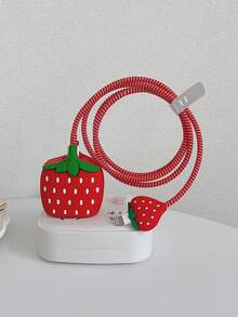 4pcs Red Cartoon Cute Strawberry & Apple Phone Charger Protective Shell, Data Cable Protector, Connector Case Compatible With Apple 18/20W Charger And Data Cable, Tangle-Free Storage, Anti-Collision, Scratch And Dirt Resistance Protection - Red - View 4