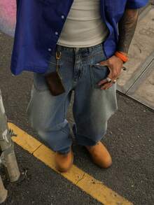 DAZY Men's Plain Washed Blue Distressed Denim Jeans, Suitable For Spring And Autumn - Blue - View 5