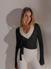 Aralina Camiseta deportiva casual de manga larga con envolvente y nudo delantero para mujer - Negro - Ver 9