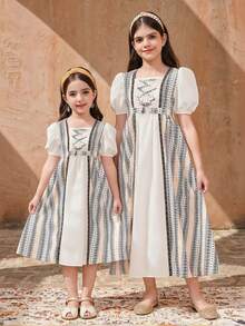 Tween Girl Vacation Retro Print 2 In 1 Petal Sleeve Princess Dress - Black and White - View 3