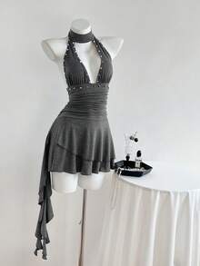 Elamini Sexy Retro Minimalist V-Neck Ruffle Hem Waist Cinched Dress For Women - Dark Grey - View 4