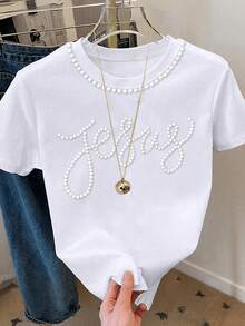 Resyla Áo thun nữ tay ngắn cổ tròn kiểu dáng thường ngày, đính hạt trang trí. - trắng - Xem 3