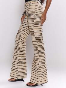 MUSERA 修身不对称低腰印花喇叭牛仔裤，酷女孩风格，外出性感，深红色冬季时尚单品 - 卡其色 - 查看 5