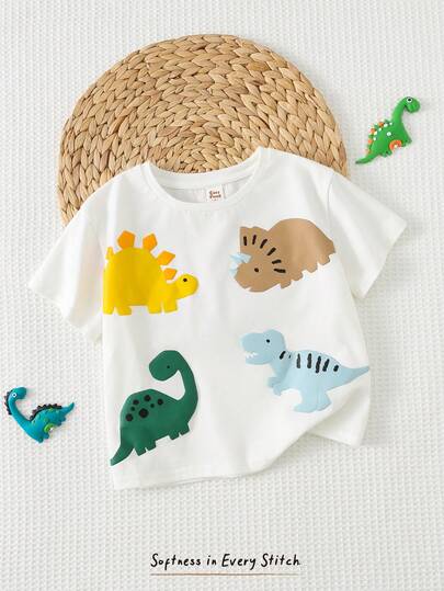 Cozy Pixies 幼儿男童卡通恐龙图案针织柔软圆领短袖套头衫