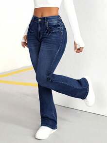 SHEIN PETITE Jeans acampanados casuales y versátiles para ir al trabajo con bolsillos para mujeres - Azul - Ver 4