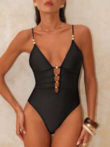 Swim Chiccia 优雅性感纯色吊带连体泳衣（女士款） - 黑色 - 查看 6