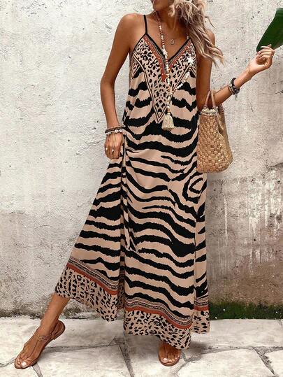 EMERY ROSE Vestido largo y suelto de mujer con estampado de leopardo, elegante para uso diario y vacaciones, verano