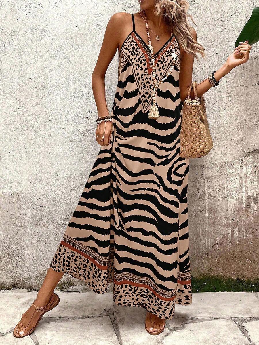 EMERY ROSE 女式豹纹宽松长款吊带裙，优雅适合日常穿着和度假穿着，夏季 - 卡其色 - 查看 1