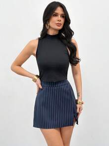Firerie Falda pantalón de rayas azul marino con corte sastre - Minifalda con pantalón corto incorporado para un estilo sin esfuerzo del trabajo al fin de semana, falda pantalón a rayas casual para mujer, falda pantalón de rayas, falda pantalón con corte sastre, falda pantalón para mujer, ropa de trabajo, estilo callejero preppy, minifalda de oficina, armario cápsula de otoño, falda pantalón azul marino, trabajo elegante, moda minimalista - Azul Marino - Ver 9