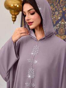 Al Najma Women's Purple Hooded Long Sleeve Beaded Elegant Turkish Abaya & Arabic Traditional Maxi Dress, Spring/Summer