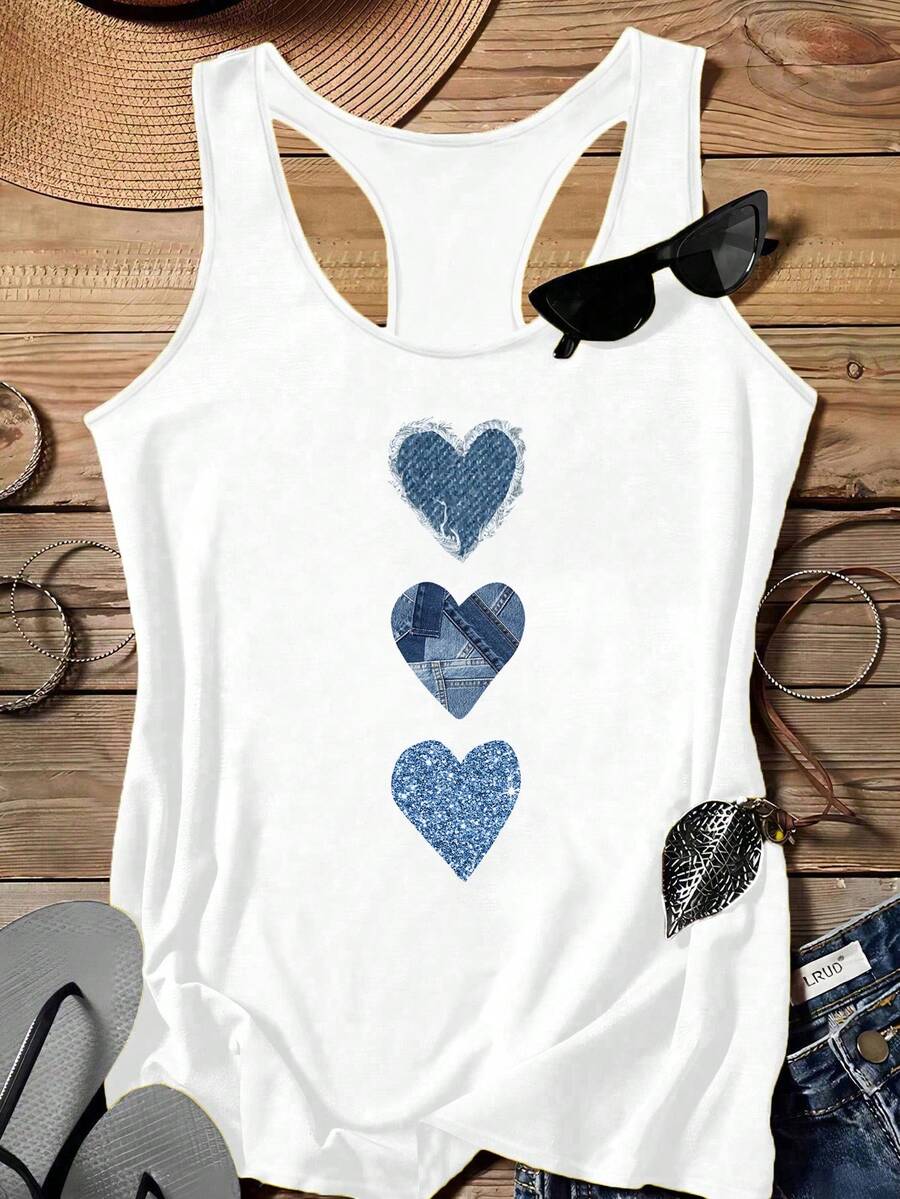 EMERY ROSE Áo tank top hai dây cỡ lớn in họa tiết trái tim, kiểu dáng tối giản, thích hợp cho kỳ nghỉ hè. - trắng - Xem 1