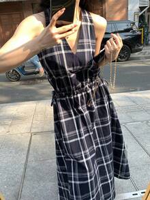 DAZY Women's Plaid V-Neck Ruched Vintage Elegant Dress, Suitable For Vacation And Dates Sundress Summer - Navy Blue - View 7