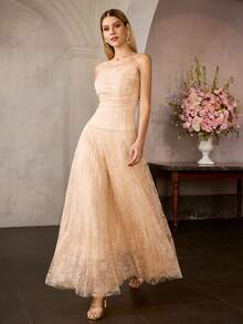 MOTF Soiréza VESTIDO DE FIESTA CORTO PARA MUJER DE PRIMAVERA CON ENCAJE Y DECORACIÓN DE LENTEJUELAS SIN TIRANTES - Amarillo - Ver 6