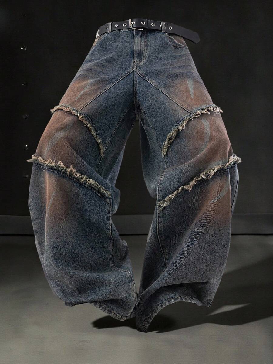 Manfinity Denimwave 复古美式设计流苏层叠水洗宽松阔腿牛仔裤 - 深色水洗藍 - 查看 1