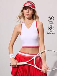 Gameset SHEIN Sport 1pc CourtClass Women Seamless High Stretch Contrast Trim V-Neck Sleeveless Racerback Sports Tank Top,White And Red,Summer,Athleisure,Gym Workout - White - View 1