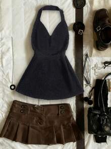 Glimmora Fashionable Sexy Deep V-Neck Backless Halter Knit Top - Black - View 2