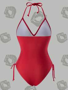 Betty Boop x SHEIN Women Summer Leopard Letter & Cartoon Figure Graphic Drawstring Ruched Side Halter One-Piece Swimsuit One Piece Swimsuit Red One Piece Swimsuit