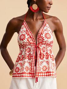 Travachic Women's Floral Print Knotted Halter Casual Vacation Tank Top,Vacation Casual Terno Outfit For Women,Summer Holiday Outfits,Spring Break Outfits,Party Outfit,Beach Outfit,Spring Clothing,Valentine's Day,Valentine Outfits For Women,Carnival Costume,Elegant,Floral,Carnival,Spring To Summer ,Party ,Carnival Costume, Mexican Style Women Boho  For Women,Red Tops - Red and White - View 5