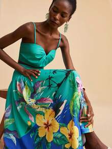 Travachic Women's Summer Casual Beach Vacation Pleated Cropped Camisole And Tropical Print High Waist Mini Skirt Set - Green - View 1