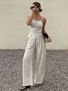 DAZY Women's Elegant Solid Color Pleated Camisole And Wide Leg Pants 2 Pieces Set, Spring/Summer Lounge Sets For Women Short Sets For Women - Beige - View 5