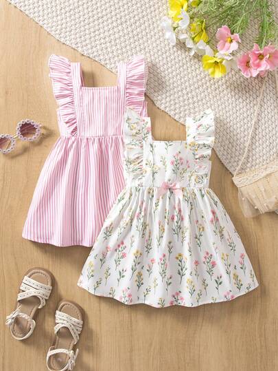 SHEIN 2pcs/Set Baby Girls' Sleeveless Dresses, Featuring Square Neckline, Ruffle Trim Shoulder Sleeves, Waist Cinched Design To Accentuate Cute Figure. One In White Ditsy Floral With Pink Bow, Another In Soft Pink Gingham, Adorable And Versatile For Outings Or Casual Wear, Perfect Spring/Summer Sweet Outfit