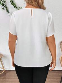 EMERY ROSE Plus Size Women's Elegant Lace Hollow Petal Sleeve Round Neck Blouse, Suitable For Work, Spring/Summer - Apricot - View 2