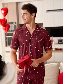 SHEIN Heart Print Short Sleeve & Long Pants Lapel Cardigan Pajama Set For Men - Burgundy - View 2