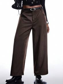 LYSMO 大码纯色条纹低腰纽扣装饰休闲复古阔腿裤，适合通勤、休闲外出和办公穿着，春秋季条纹女式工作裤 - 咖啡棕 - 查看 3