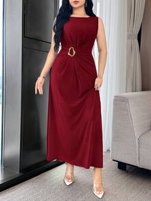 Feyla 腰部褶皱设计，金属装饰纽扣，收腰剪裁，优雅百搭的派对/工作场合连衣裙 - 酒紅色 - 查看 5