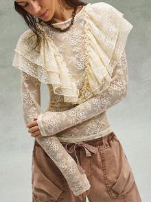 Bohemela Áo thun nữ dáng ôm vừa vặn, màu trơn, chất liệu ren, cổ chữ V, kiểu dáng thường ngày. - Màu vàng - Xem 1