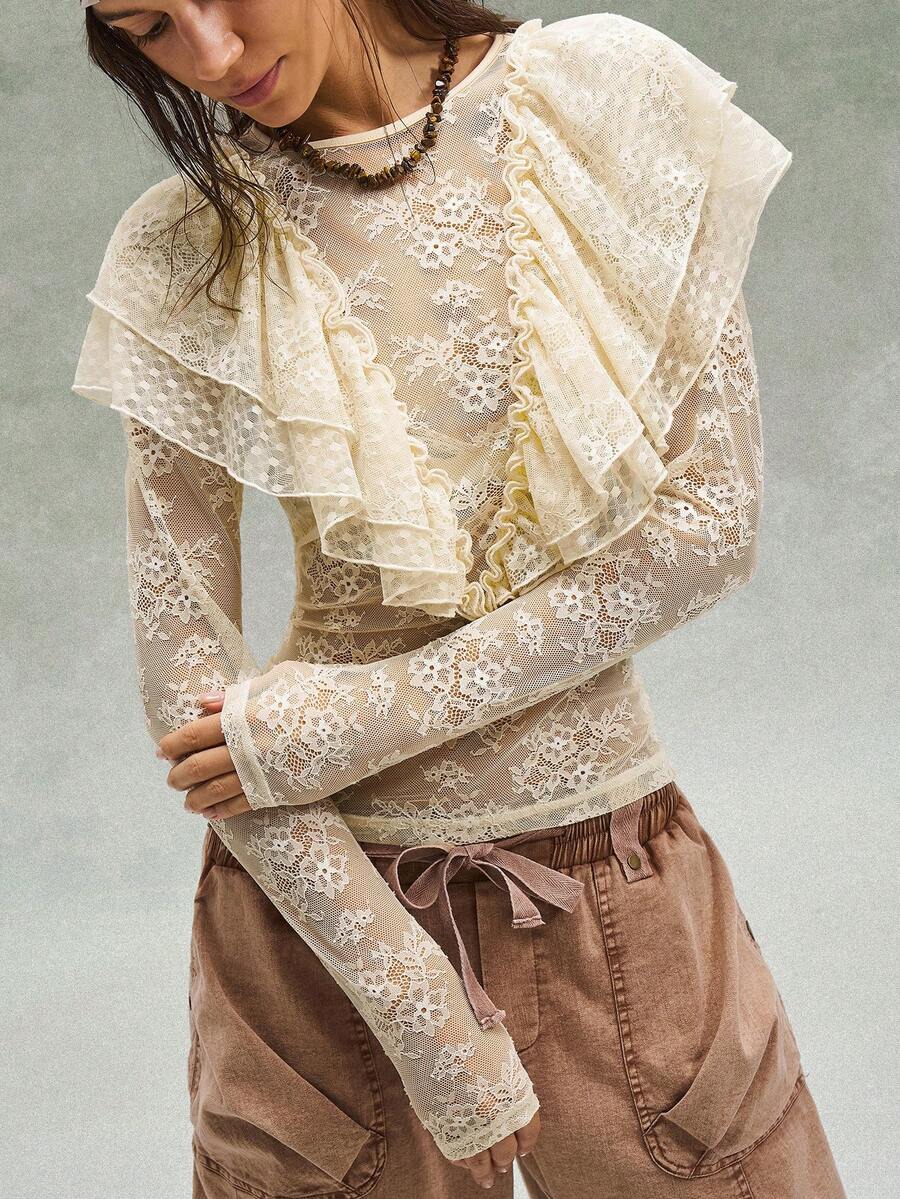 Bohemela Áo thun nữ dáng ôm vừa vặn, màu trơn, chất liệu ren, cổ chữ V, kiểu dáng thường ngày. - Màu vàng - Xem 1