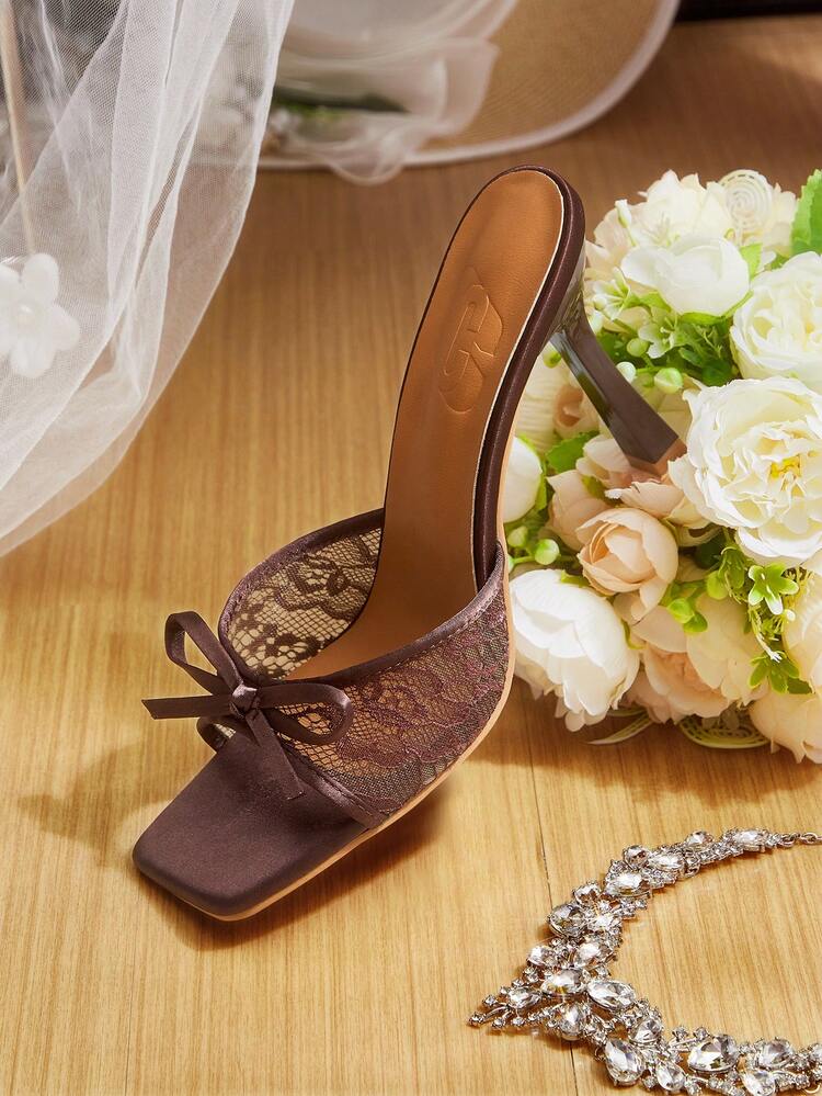 CUCCOO HITCHD Women's Elegant Commuter Lace Bow Decor Heeled Sandals Valentine's Day Elegant Shoes Wedding Shoes Summer Shoes Bride Shoes