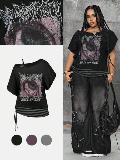Street Life Maglietta vintage oversize in stile grunge punk asimmetrica con spalla larga e blocchi di colore, colore nero, taglie comode