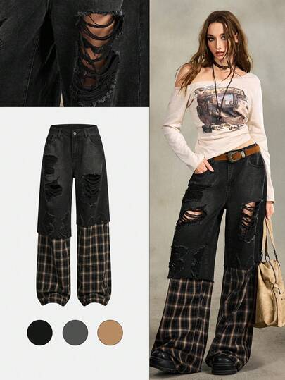 Grunge Punk Pantalones vaqueros de talle ultra bajo, oversize, de patchwork y cuadros retro 2 en 1
