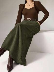 Heiryn Plus Size Solid Color Skirt, Fashionable And Versatile For Commuting - Army Green - View 3