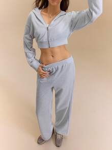Hanevo 2pcs Women Casual Elegant Sports Outfit, Hooded Crop Sweatshirt And Straight Leg Pants Set, Spring/Summer - Grey - View 5