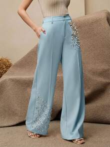 Anewsta Women's Modern Fashion Faux Pearl Embellished Suit Pants For Commuting - Baby Blue - View 5