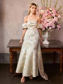 MOTF PREMIUM WOMEN'S JACQUARD OFF-SHOULDER MERMAID HEM LONG DRESS - Multicolor - View 7