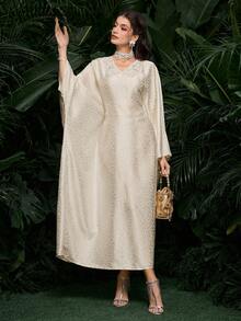 Al Najma Women's Spring/Summer Woven Leopard Print Jacquard Rhinestone Collar Tie Elegant Turkish Maxi Dress & Arabic Traditional Abaya - Apricot - View 6