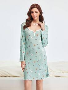Bonmuse Long Sleeve Lace Patchwork Bear & Bow Print Lettuce Trim Nightgown - Mint Green - View 4
