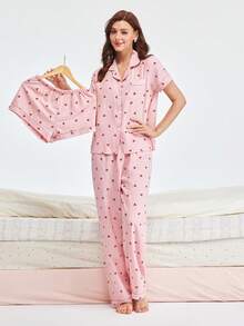 Bonmuse 3件套皱红樱桃印花短袖开衫、短裤和长裤睡衣套装 - 粉色 - 查看 5