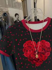 Resyla Women's Casual Heart & Rose Print T-Shirt, Summer - Multicolor - View 5