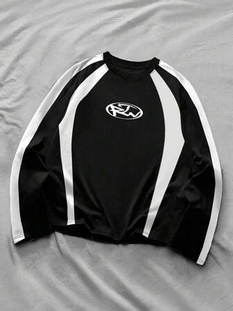 Street Life Men's Geometric Print Contrast Color Round Neck Long Sleeve Casual T-Shirt