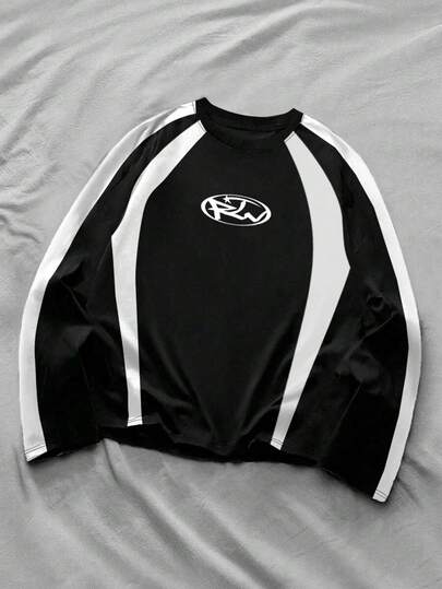 Street Life Men's Geometric Print Contrast Color Round Neck Long Sleeve Casual T-Shirt