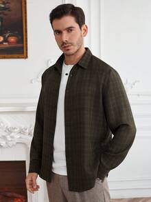 Core Aspect Camisa casual de manga larga con textura de jacquard de unicolor para hombre, otoño - Verde militar - Ver 5